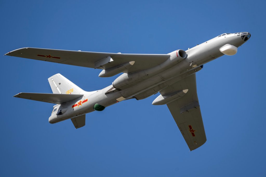 CHANGCHUN, CHINA - SEPTEMBER 16: H-6 bomber attends a flight rehearsal ahead of the 2025 Changchun Air Show on September 16, 2025 in Changchun, Jilin Province of China. The aviation open-day activities of the Chinese People's Liberation Army Air Force (PLAAF) and the Changchun Air Show 2025 will be held from September 19 to 23 in Changchun. (Photo by Cao Nan/VCG via Getty Images)