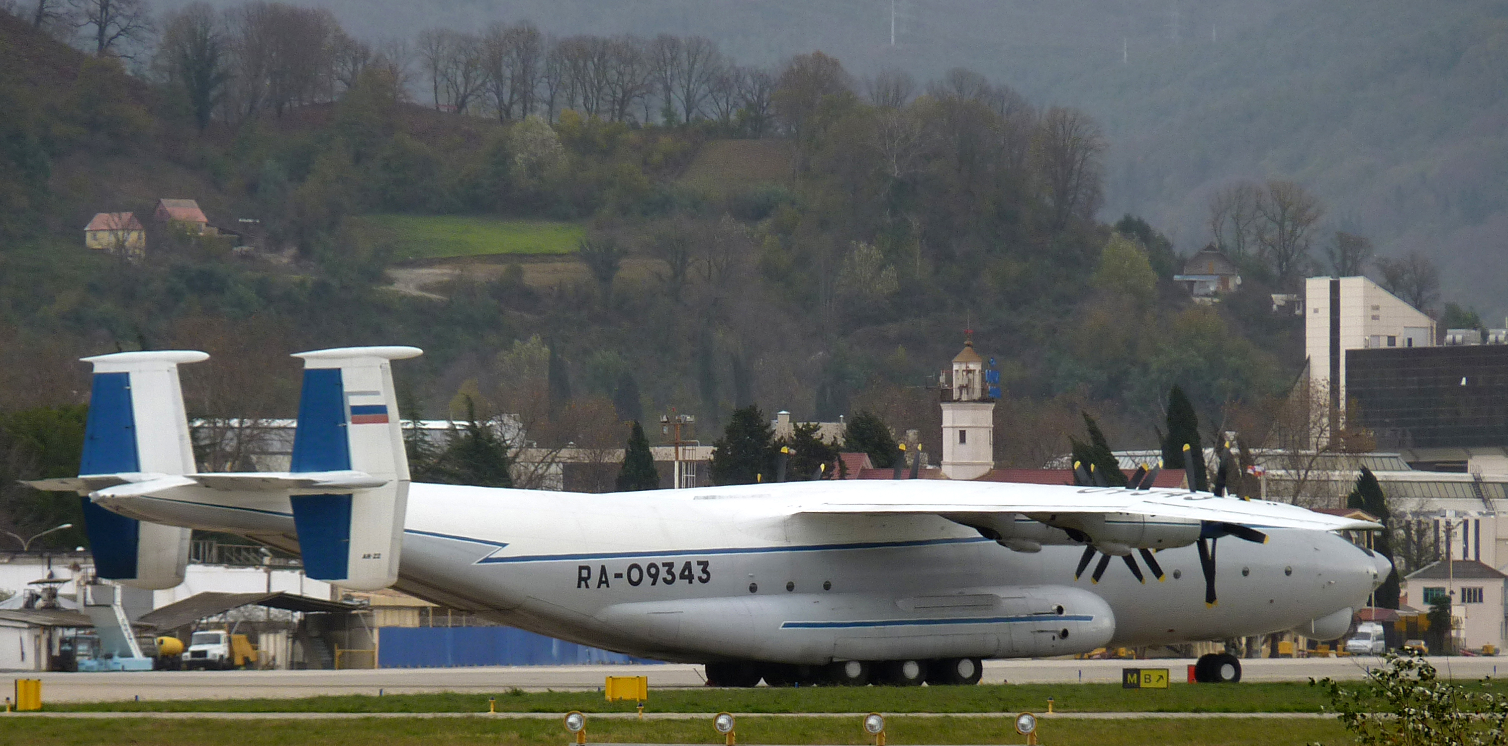 (FILE) A picture taken on December 17, 2010 shows crashed Antonov AN-22 cargo airplane with hull No RA-09343 during landing at the airport of Russia's Black Sea resort of Adler outside Sochi. A giant Russian Antonov cargo jet crashed Wednesday during a training exercise in central Russia, leaving all 12 military pilots aboard the aircraft missing and presumed dead, officials said. AFP PHOTO / SERGEI POLUNIN (Photo credit should read SERGEI POLUNIN/AFP via Getty Images)