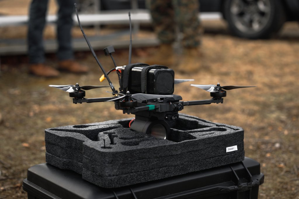 A Neros Archer first-person view drone sits on a case during a demonstration range at Weapons Training Battalion on Marine Corps Base Quantico, Virginia, March 7, 2025. The Marine Corps Attack Drone Team used the Neros Archer FPV drone to engage targets on the range to showcase the drone’s capabilities on the battlefield. (U.S. Marine Corps photo by Cpl. Joshua Barker)