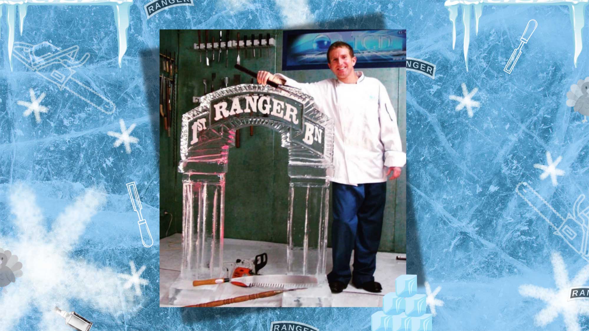 Soldier carves Ranger scroll ice sculpture for Thanksgiving dinner